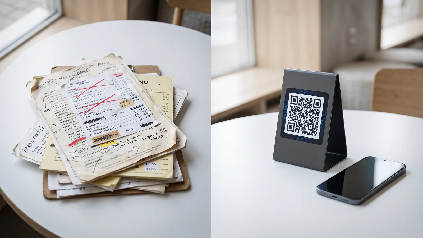 Basılı menüler ve tek QR üzerinden güncellenen dijital menü karşılaştırması